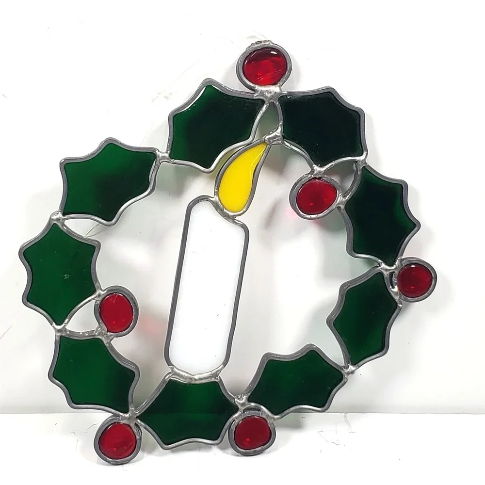 Stained Glass Christmas Candle In Wreath Suncatcher 7 1/2